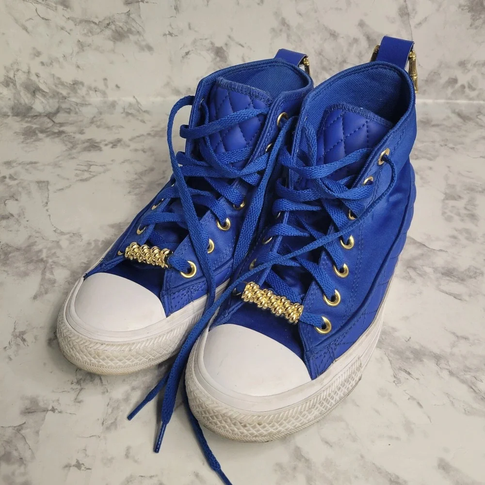 Converse Chuck Taylor All Star High Top Blue‎ Satin Quilted Gold Bamboo Sneakers